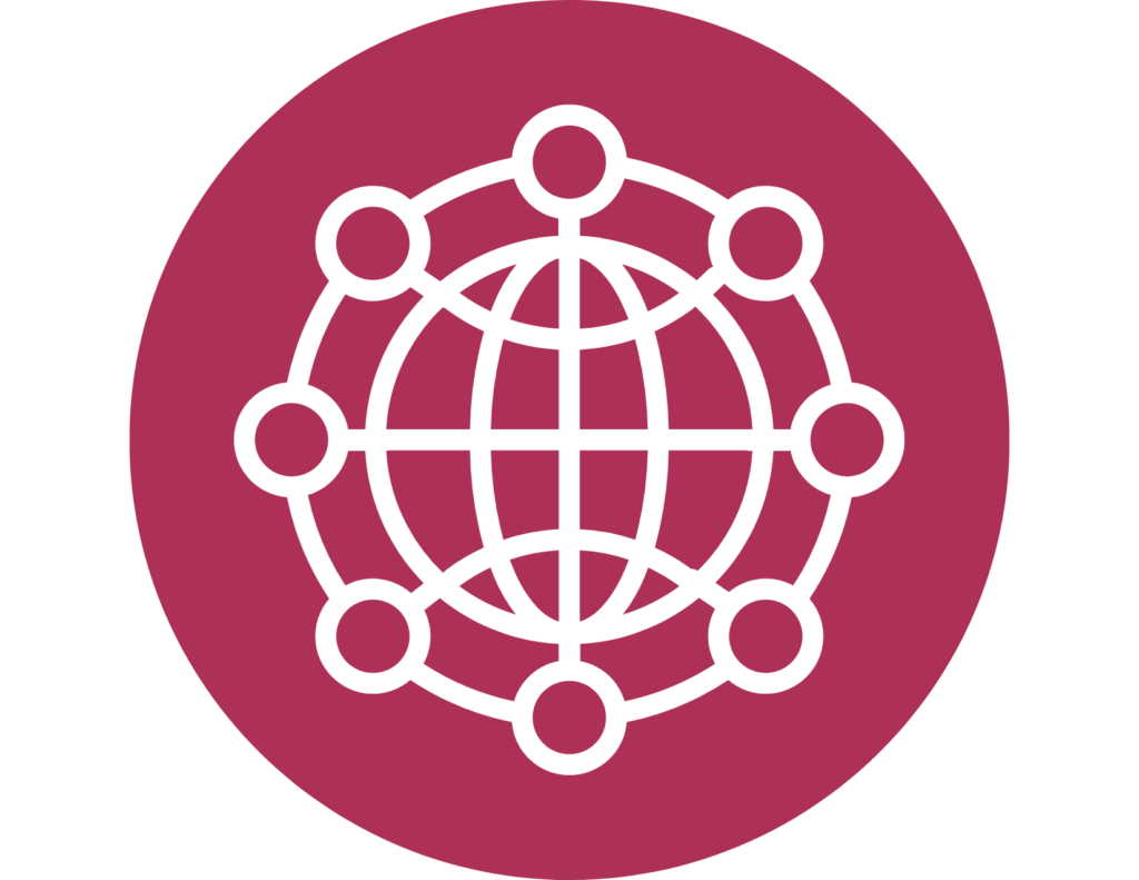 A pink icon with a white graphic inside showing a large circle surrounded by smaller circles, with lines and curved lines to indicate that the circles are connected to one another