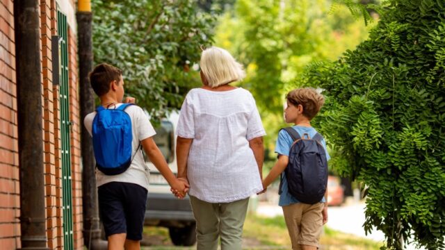 A grandmother holds hands with her grandsons as she walks them to school. The grandsons are looking at their grandmother, and the three figures have their backs to the camera. All three are white.